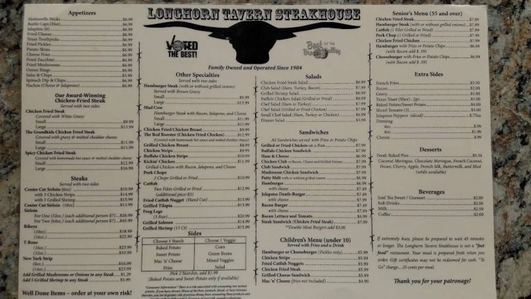 Longhorn Tavern Steakhouse Menu